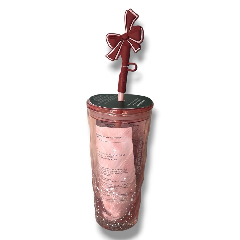 Starbucks Pink Snow Glass Holiday Bow Silicone Topper Cup Tumbler 18 Oz 2025